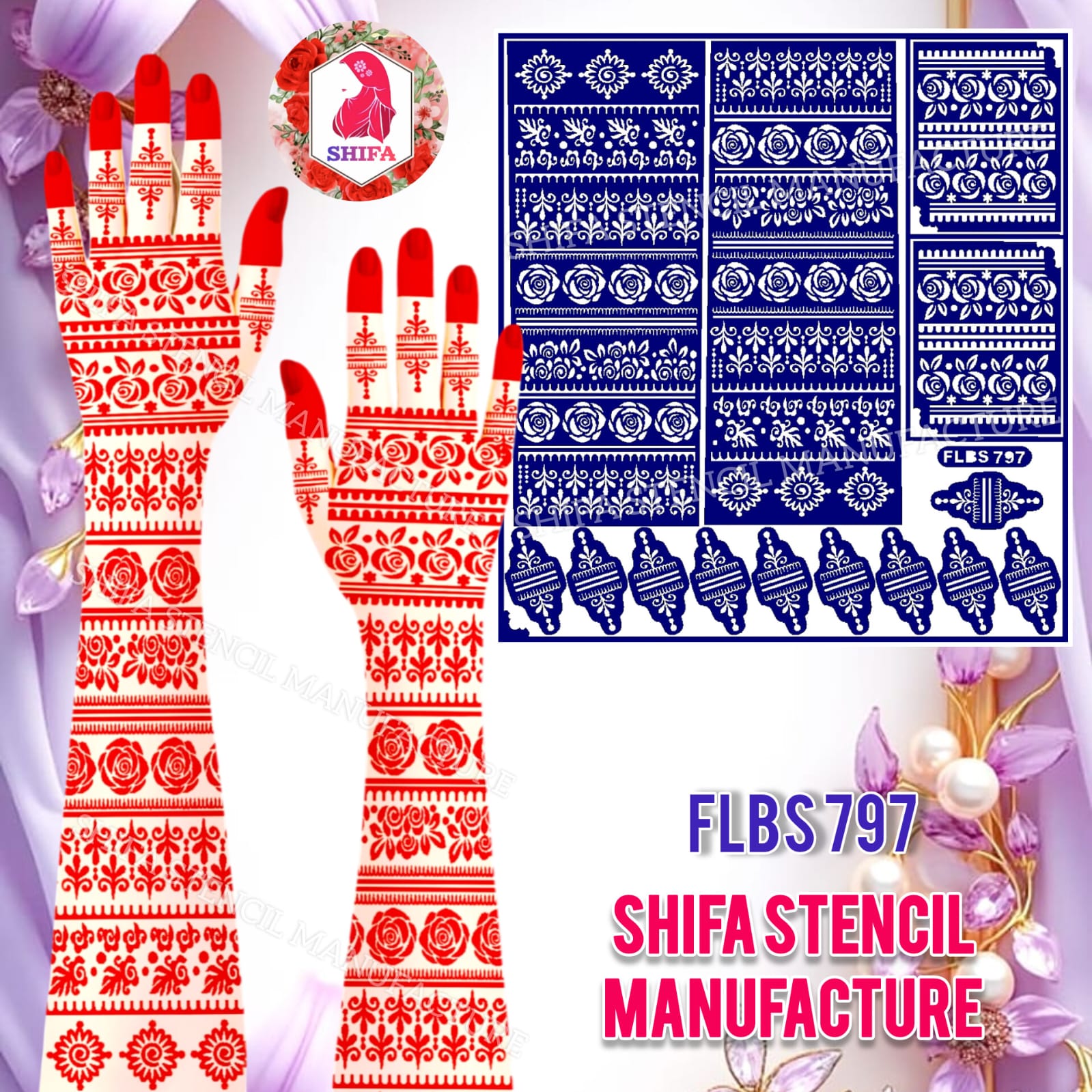 FLBS 797  Floral Harmony Band Mehndi Sticker Overview Henna Stencil - Shifa Stencil
